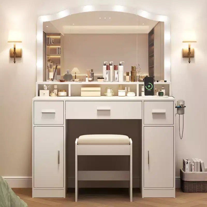 COZONY Vanity Desk with Mirror & Lights - Makeup Vanity Table Set with Stool, 3 Drawers, Cabinets & Charging Station