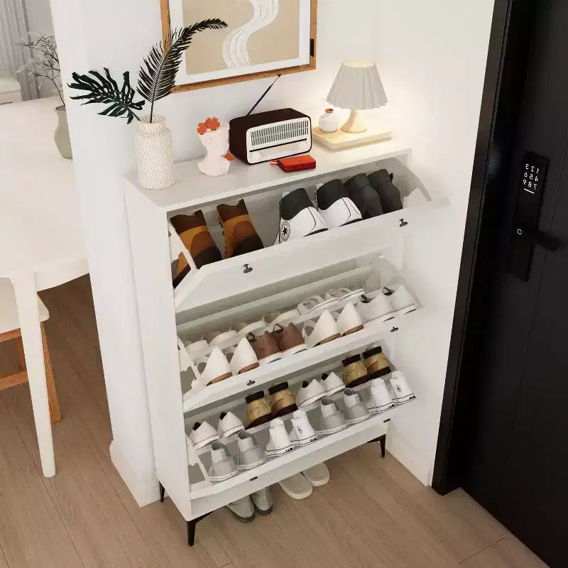 Okak Stylish Shoe Cabinet, Shoe Storage Cabinet with 3 Flip Drawers and Independent Legs, Narrow Shoe Cabinet for Living Room, Hallway, Glossy White