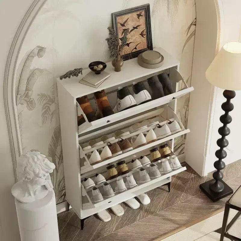 Okak Stylish Shoe Cabinet, Shoe Storage Cabinet with 3 Flip Drawers and Independent Legs, Narrow Shoe Cabinet for Living Room, Hallway, Glossy White