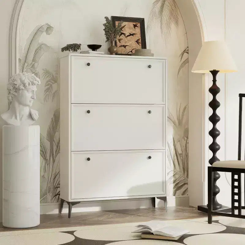 Okak Stylish Shoe Cabinet, Shoe Storage Cabinet with 3 Flip Drawers and Independent Legs, Narrow Shoe Cabinet for Living Room, Hallway, Glossy White
