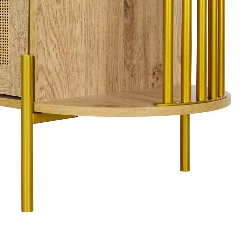 Hostack Buffet 2 portes incurvé avec garnitures dorées et portes en rotin tressé pour salle à manger, Naturel