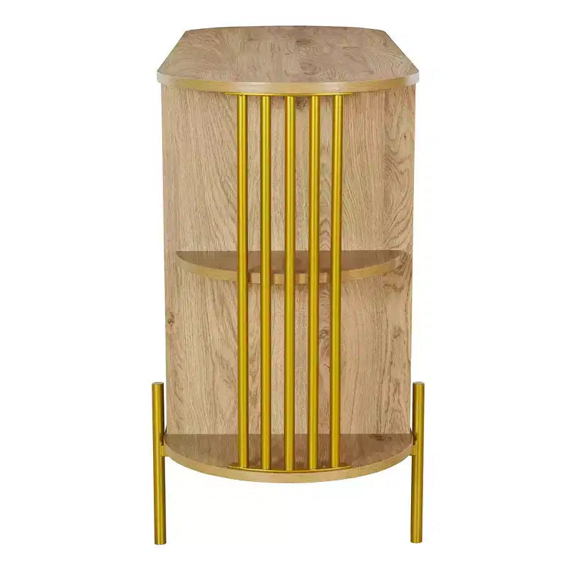 Hostack Buffet 2 portes incurvé avec garnitures dorées et portes en rotin tressé pour salle à manger, Naturel
