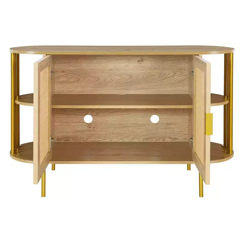 Hostack Buffet 2 portes incurvé avec garnitures dorées et portes en rotin tressé pour salle à manger, Naturel