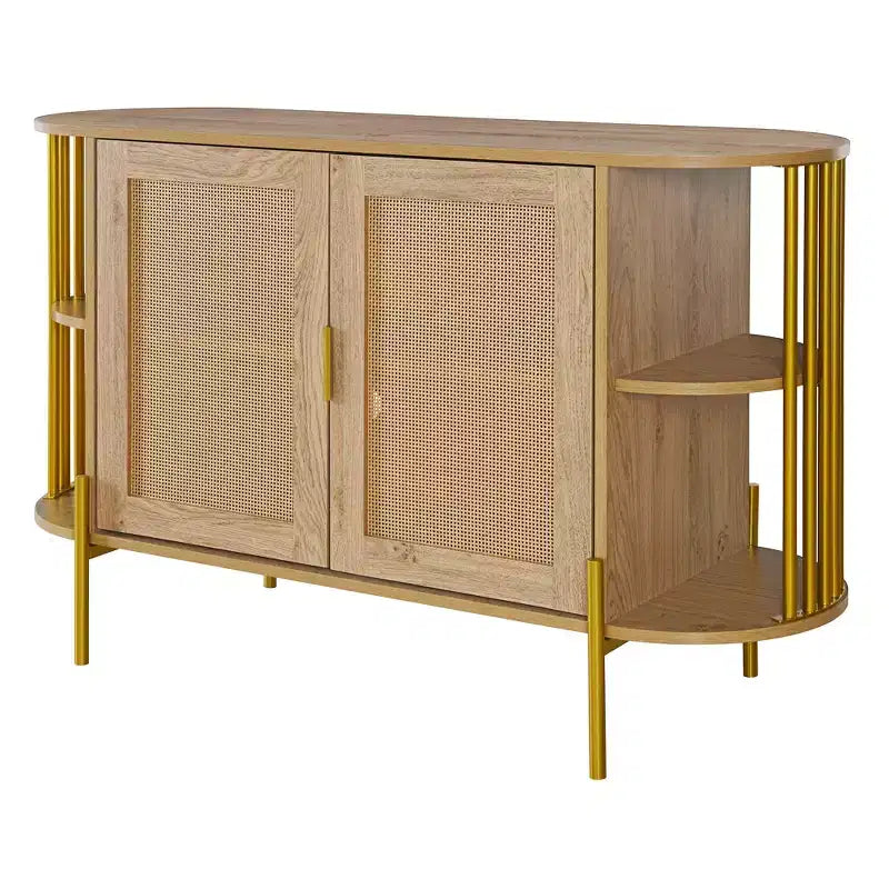 Hostack Buffet 2 portes incurvé avec garnitures dorées et portes en rotin tressé pour salle à manger, Naturel