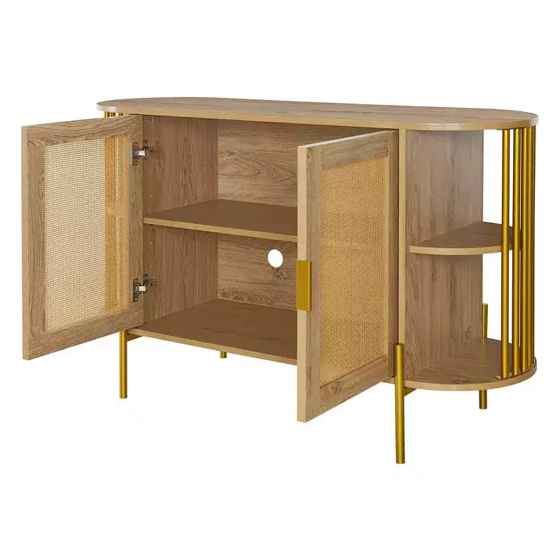 Hostack Buffet 2 portes incurvé avec garnitures dorées et portes en rotin tressé pour salle à manger, Naturel