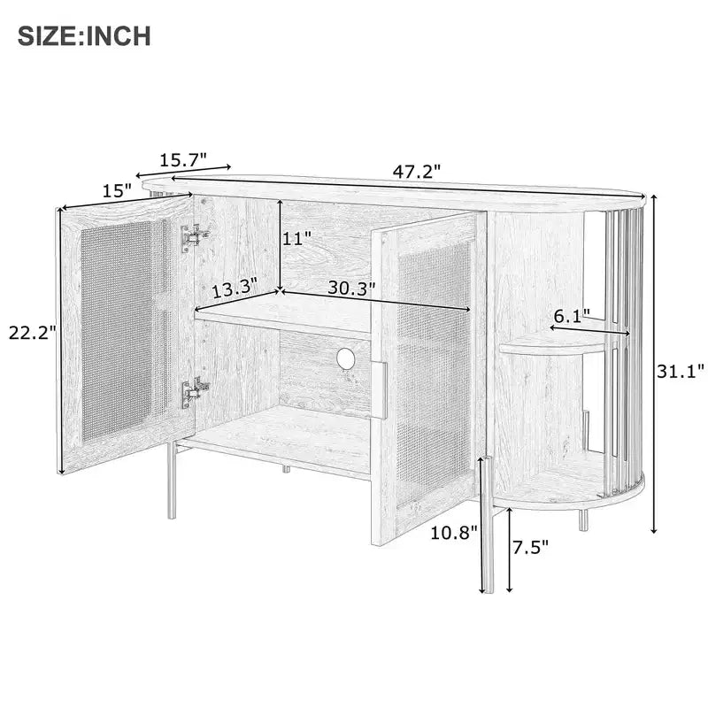 Hostack Buffet 2 portes incurvé avec garnitures dorées et portes en rotin tressé pour salle à manger, Naturel