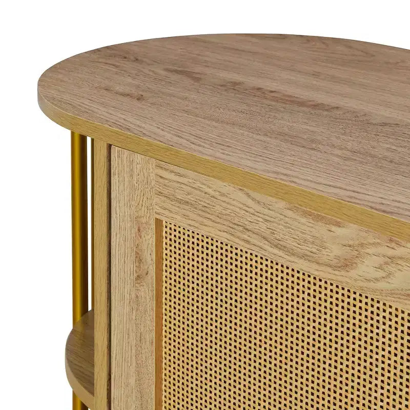 Hostack Buffet 2 portes incurvé avec garnitures dorées et portes en rotin tressé pour salle à manger, Naturel