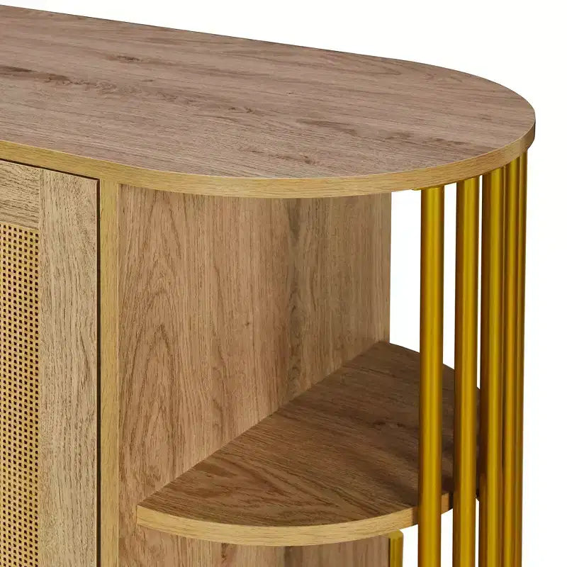 Hostack Buffet 2 portes incurvé avec garnitures dorées et portes en rotin tressé pour salle à manger, Naturel