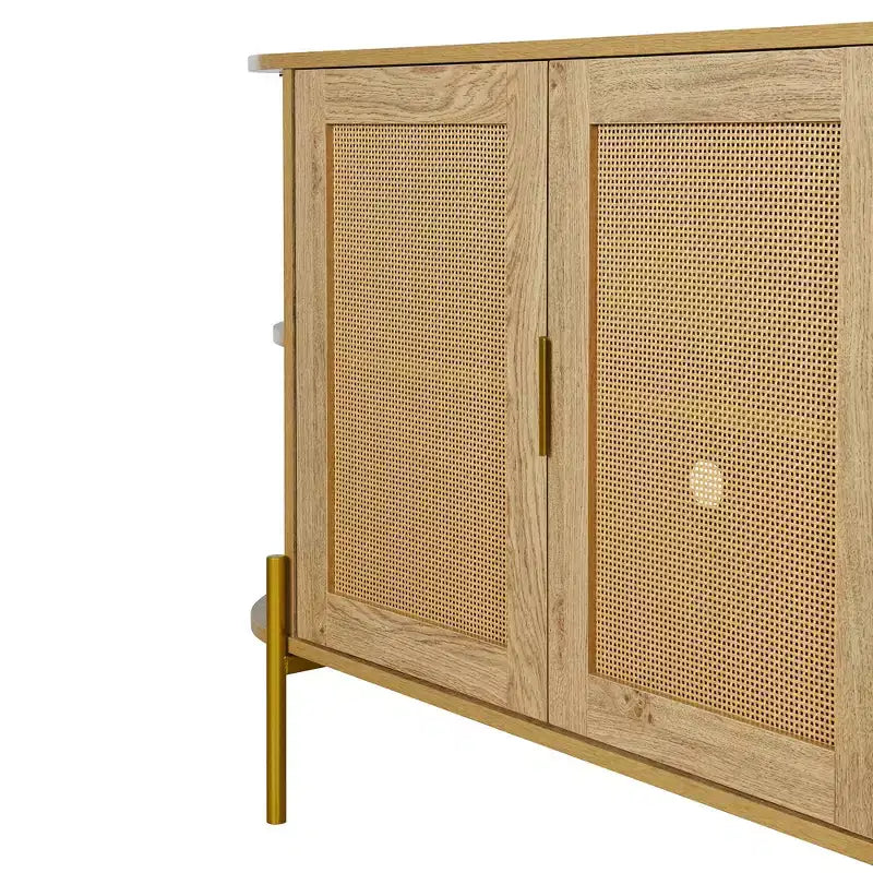 Hostack Buffet 2 portes incurvé avec garnitures dorées et portes en rotin tressé pour salle à manger, Naturel