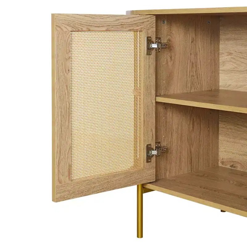 Hostack Buffet 2 portes incurvé avec garnitures dorées et portes en rotin tressé pour salle à manger, Naturel