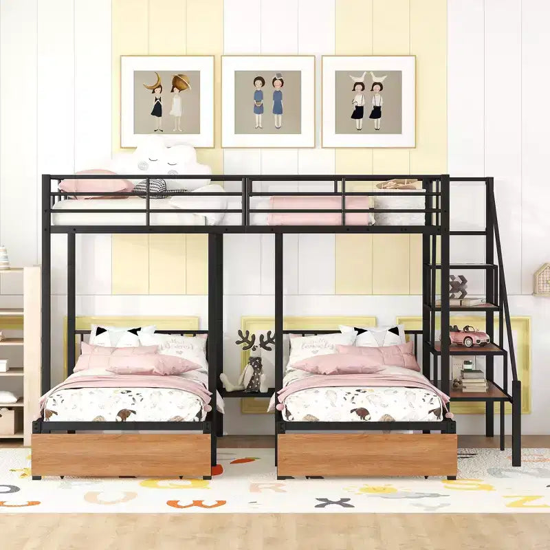 Metal Full over Twin-Twin Triple Bunk Bed with Drawers, Heavy Duty Bunkbeds Frame with Storage Staircase, Black