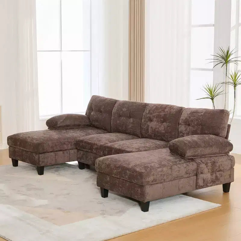Divano sezionale a U in ciniglia ultra-morbida con doppia chaise longue