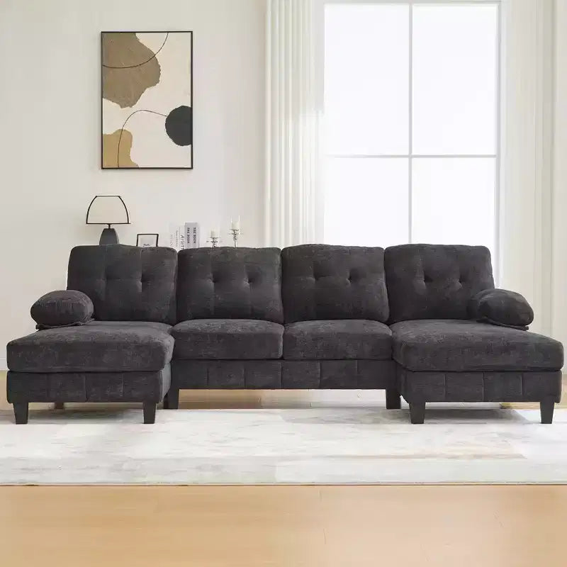 Divano sezionale a U in ciniglia ultra-morbida con doppia chaise longue