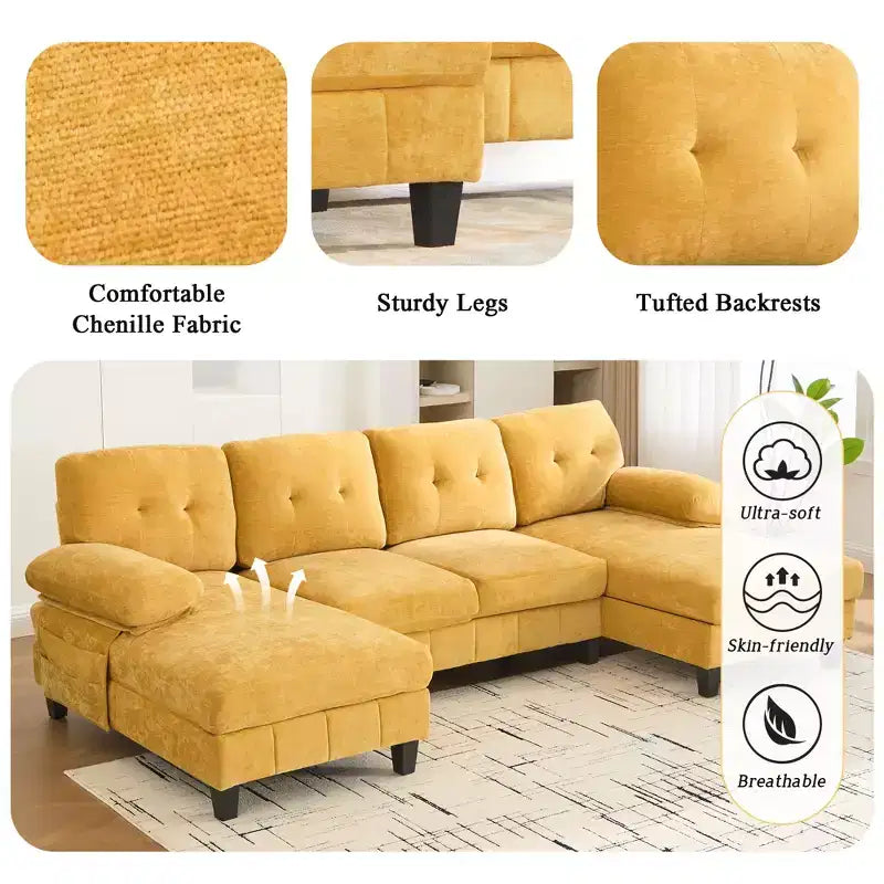Divano sezionale a U in ciniglia ultra-morbida con doppia chaise longue