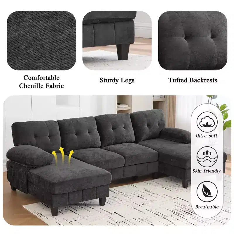 Divano sezionale a U in ciniglia ultra-morbida con doppia chaise longue