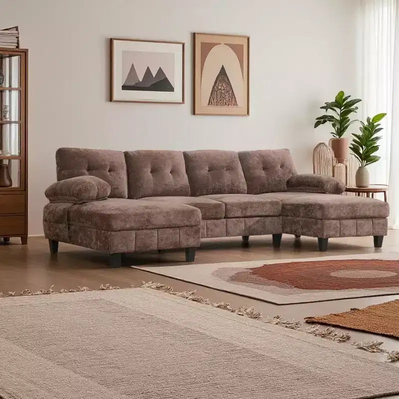 Divano sezionale a U in ciniglia ultra-morbida con doppia chaise longue
