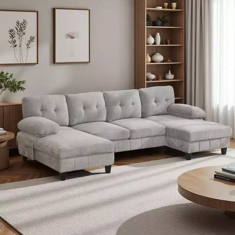 Divano sezionale a U in ciniglia ultra-morbida con doppia chaise longue