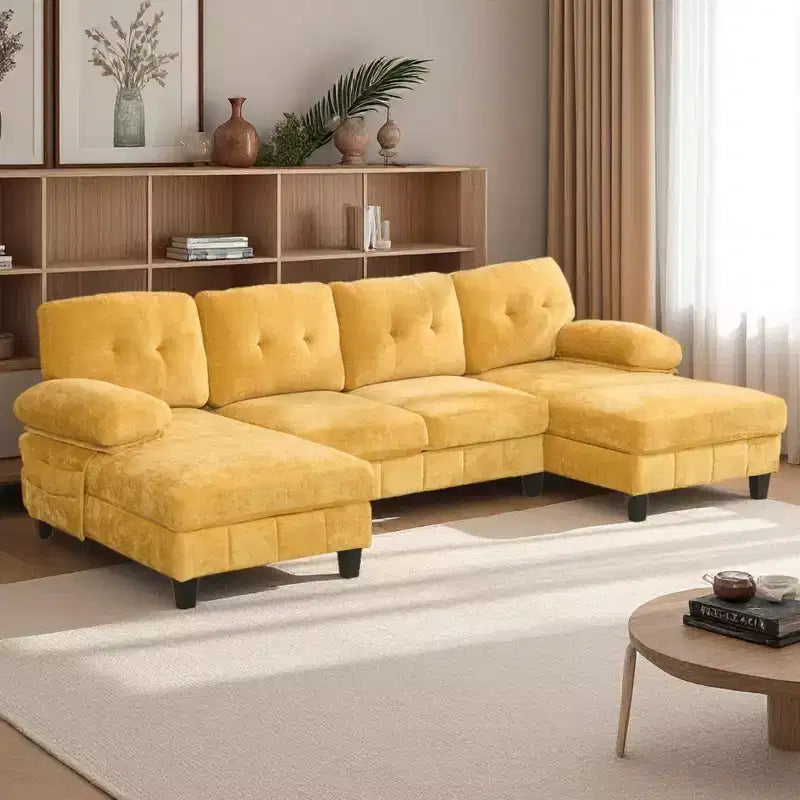 Divano sezionale a U in ciniglia ultra-morbida con doppia chaise longue
