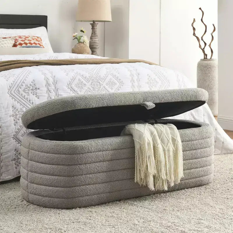 GustoWave Upholstered Modern Storage Ottoman Bench, Footrest Padded Seat with Safety Hinge, Linen Fabric, 18.5''D x 45.5''W, Grey