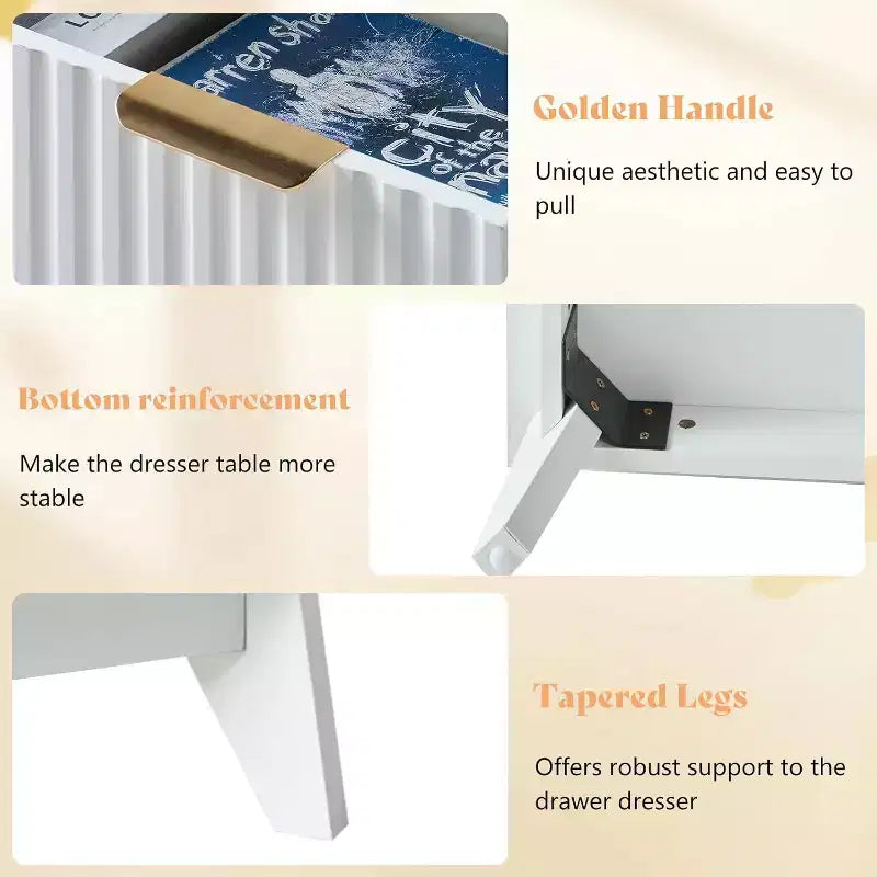 Comò a cassetti scanalati con piano effetto marmo, cassettiera ampia per camera da letto e corridoio