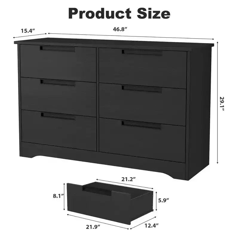 Modern 6-Drawer Dresser - Double Wide w/ Embedded Handles for Bedroom & Nursery