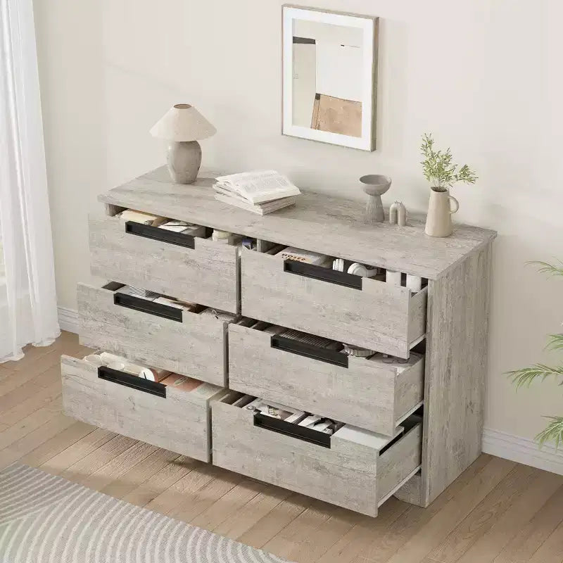 Modern 6-Drawer Dresser - Double Wide w/ Embedded Handles for Bedroom & Nursery
