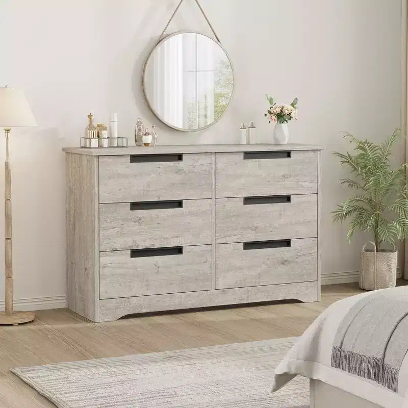 Modern 6-Drawer Dresser - Double Wide w/ Embedded Handles for Bedroom & Nursery
