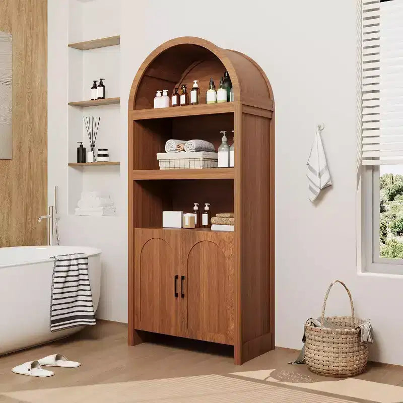 Armadio ad arco alto 71", libreria a 5 livelli con ante e 3 ripiani espositivi aperti