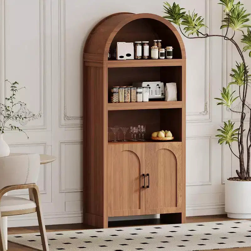 Armadio ad arco alto 71", libreria a 5 livelli con ante e 3 ripiani espositivi aperti