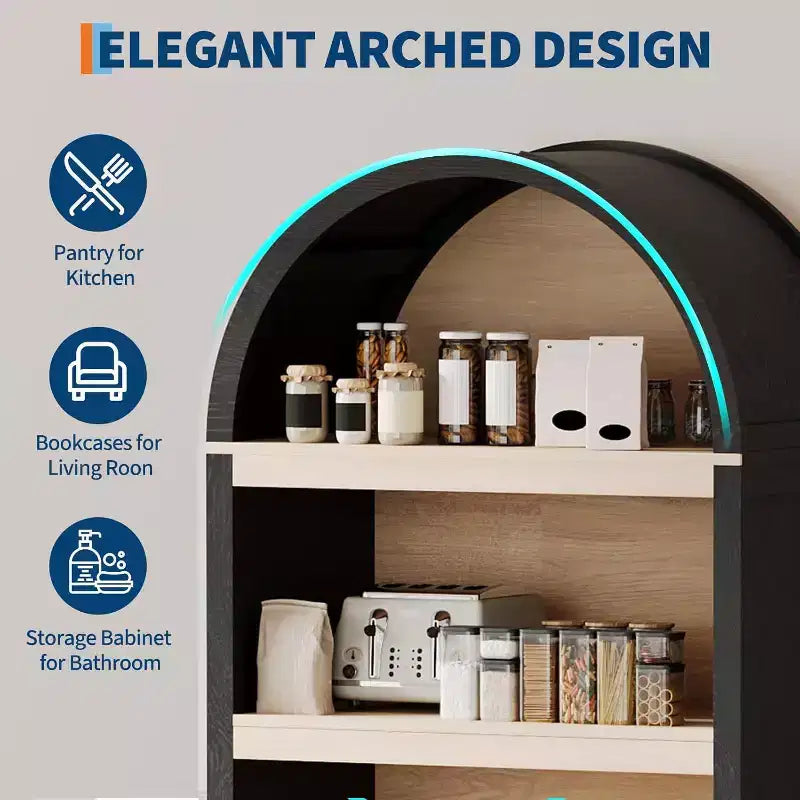 Armadio ad arco alto 71", libreria a 5 livelli con ante e 3 ripiani espositivi aperti