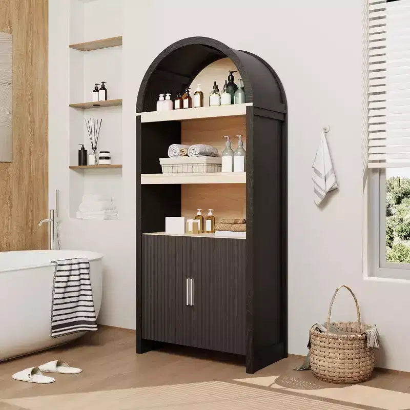 Armadio ad arco alto 71", libreria a 5 livelli con ante e 3 ripiani espositivi aperti
