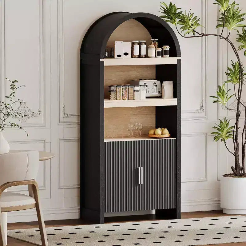 Armadio ad arco alto 71", libreria a 5 livelli con ante e 3 ripiani espositivi aperti