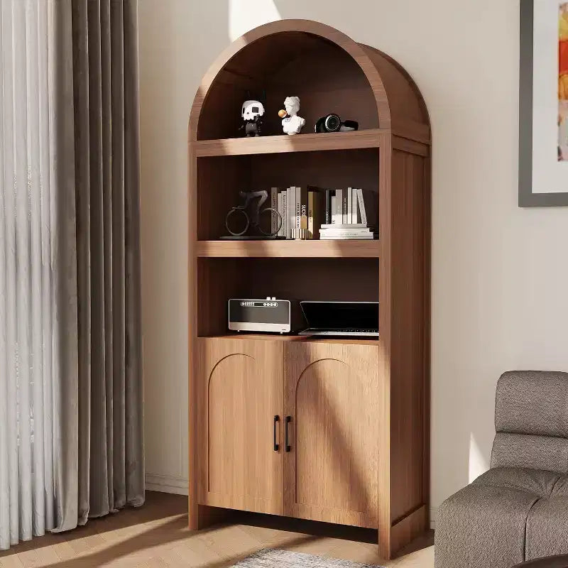 Armadio ad arco alto 71", libreria a 5 livelli con ante e 3 ripiani espositivi aperti