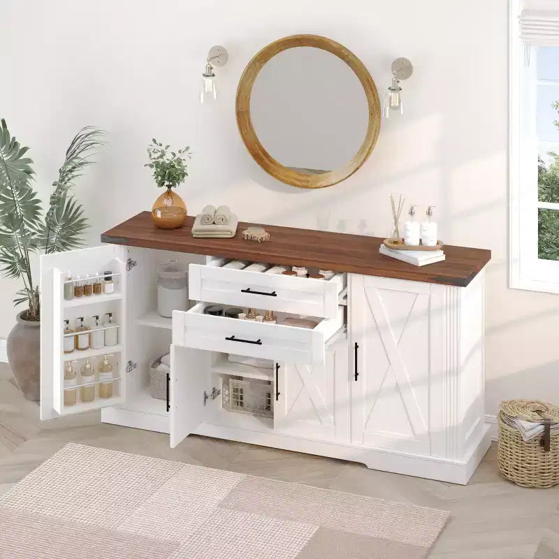 63 Sideboard Buffet Cabinet, Entryway Coffee Bar Cabinet with 2 Drawers & Adjustable Shelves, Wood Console Table, Floor Cupboard Cabinet