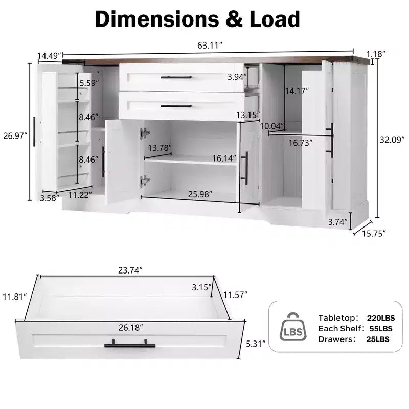 63 Sideboard Buffet Cabinet, Entryway Coffee Bar Cabinet with 2 Drawers & Adjustable Shelves, Wood Console Table, Floor Cupboard Cabinet