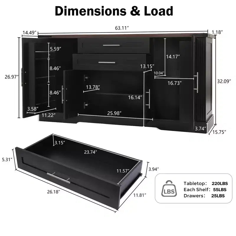 63 Sideboard Buffet Cabinet, Entryway Coffee Bar Cabinet with 2 Drawers & Adjustable Shelves, Wood Console Table, Floor Cupboard Cabinet