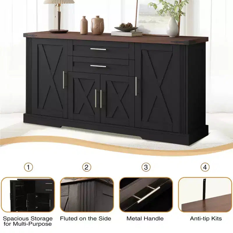63 Sideboard Buffet Cabinet, Entryway Coffee Bar Cabinet with 2 Drawers & Adjustable Shelves, Wood Console Table, Floor Cupboard Cabinet