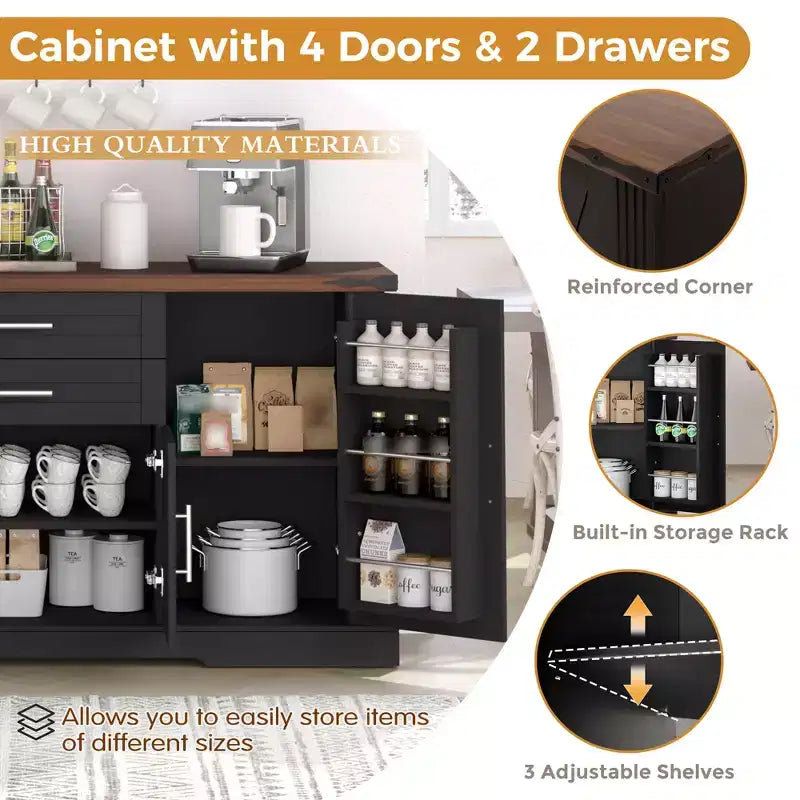 63 Sideboard Buffet Cabinet, Entryway Coffee Bar Cabinet with 2 Drawers & Adjustable Shelves, Wood Console Table, Floor Cupboard Cabinet