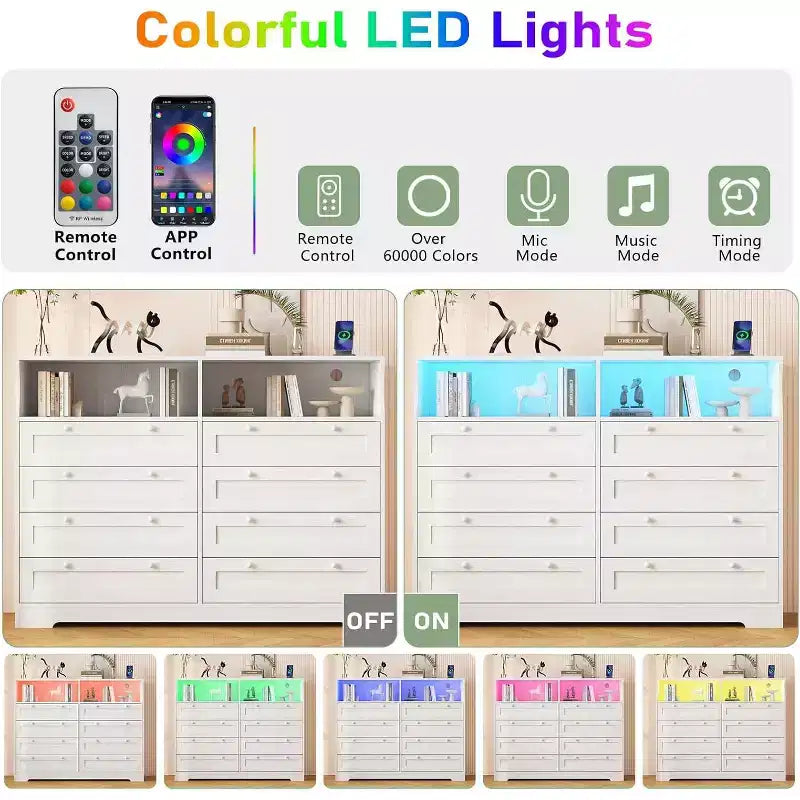 8 Drawer Dresser with Charging Station and LED Lights, Modern Chest of Drawers with Power Outlet, Organizer Cabinet for Bedroom, Living Room