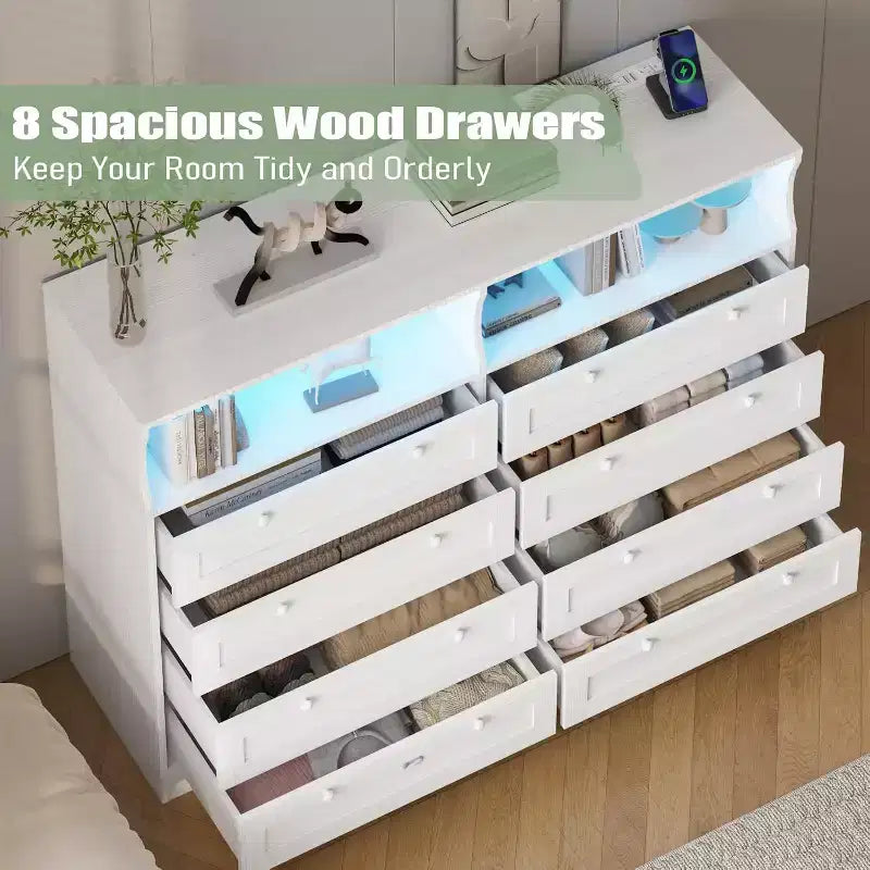 8 Drawer Dresser with Charging Station and LED Lights, Modern Chest of Drawers with Power Outlet, Organizer Cabinet for Bedroom, Living Room