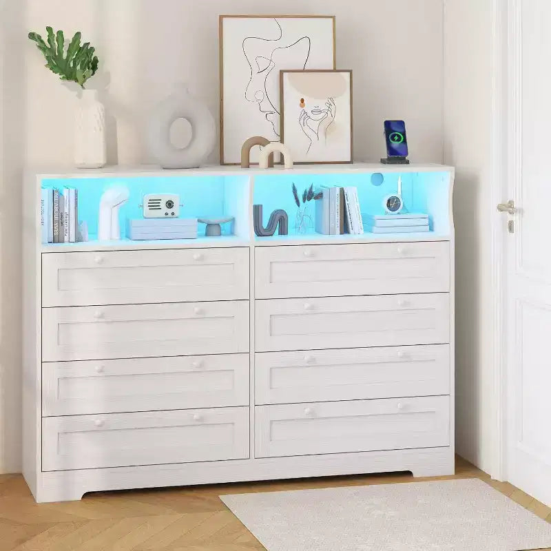 8 Drawer Dresser with Charging Station and LED Lights, Modern Chest of Drawers with Power Outlet, Organizer Cabinet for Bedroom, Living Room
