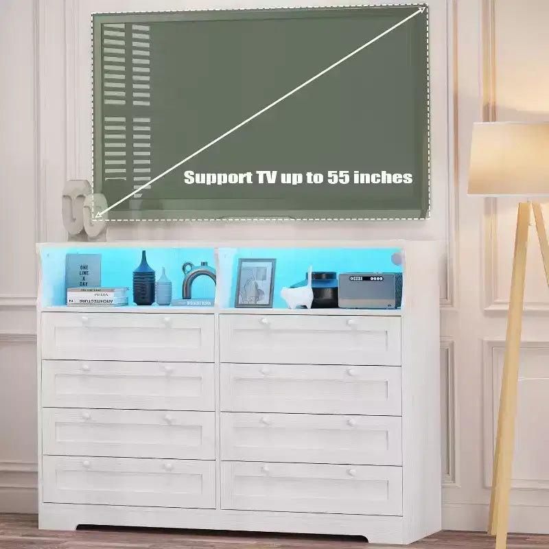 8 Drawer Dresser with Charging Station and LED Lights, Modern Chest of Drawers with Power Outlet, Organizer Cabinet for Bedroom, Living Room