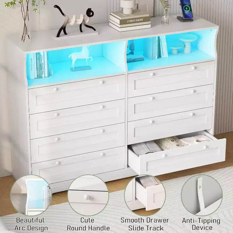 8 Drawer Dresser with Charging Station and LED Lights, Modern Chest of Drawers with Power Outlet, Organizer Cabinet for Bedroom, Living Room