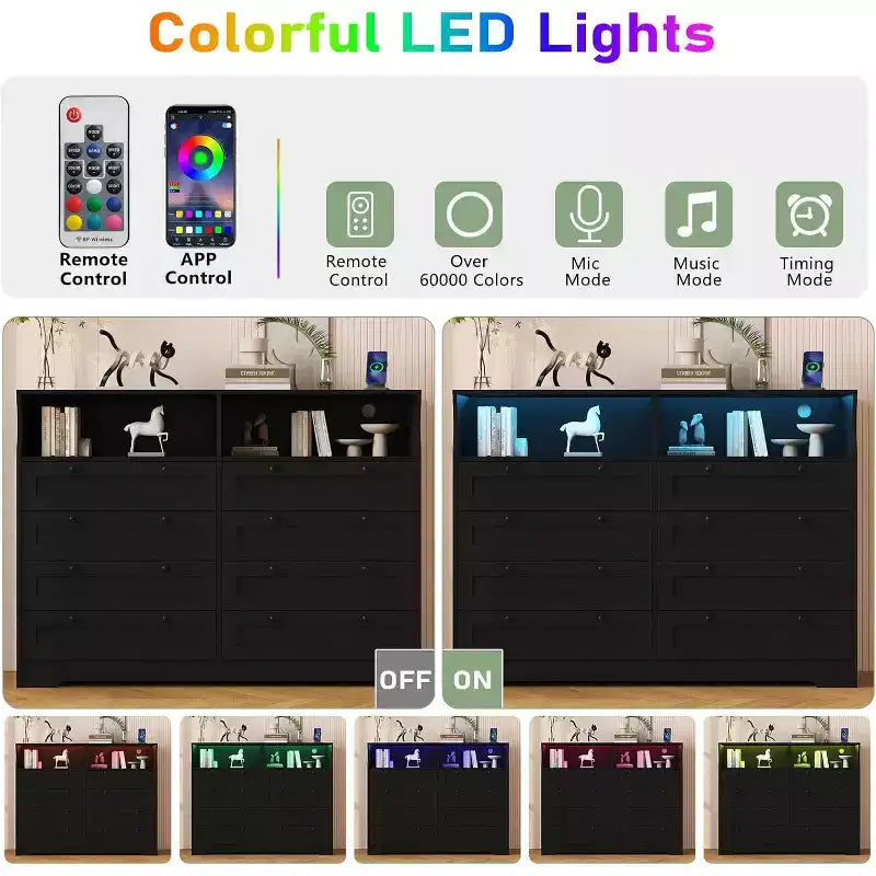 8 Drawer Dresser with Charging Station and LED Lights, Modern Chest of Drawers with Power Outlet, Organizer Cabinet for Bedroom, Living Room