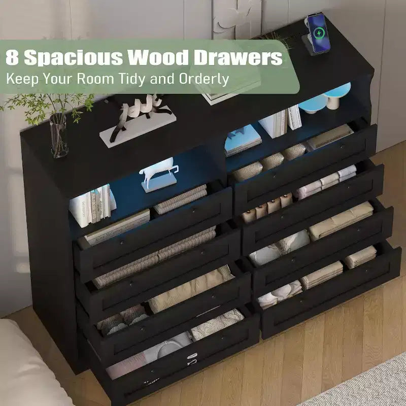 8 Drawer Dresser with Charging Station and LED Lights, Modern Chest of Drawers with Power Outlet, Organizer Cabinet for Bedroom, Living Room