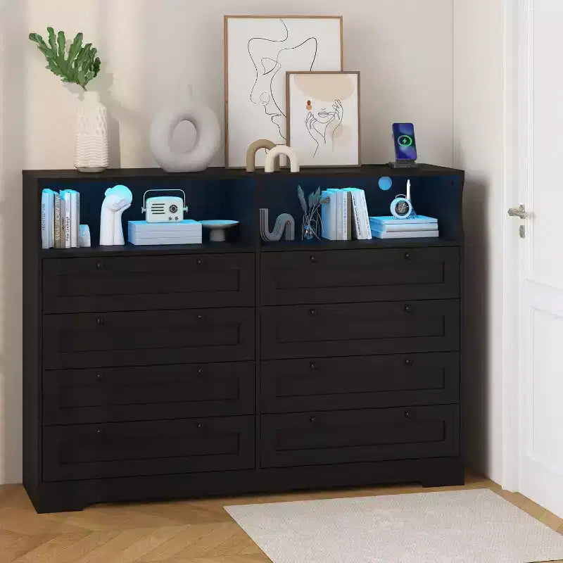 8 Drawer Dresser with Charging Station and LED Lights, Modern Chest of Drawers with Power Outlet, Organizer Cabinet for Bedroom, Living Room