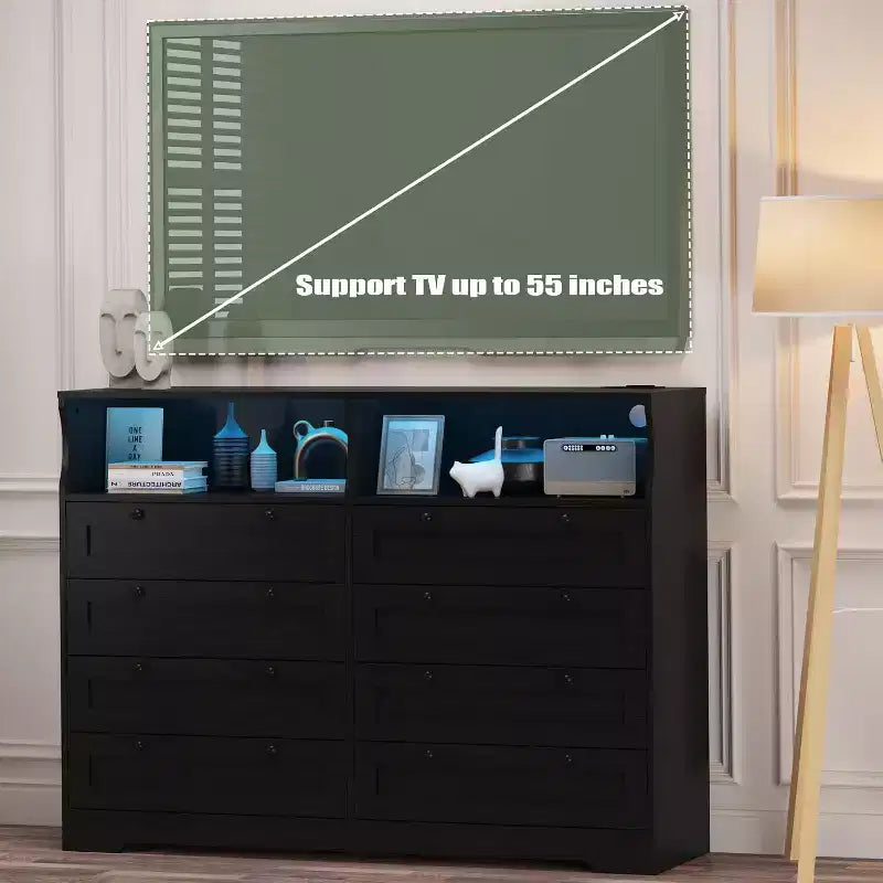 8 Drawer Dresser with Charging Station and LED Lights, Modern Chest of Drawers with Power Outlet, Organizer Cabinet for Bedroom, Living Room