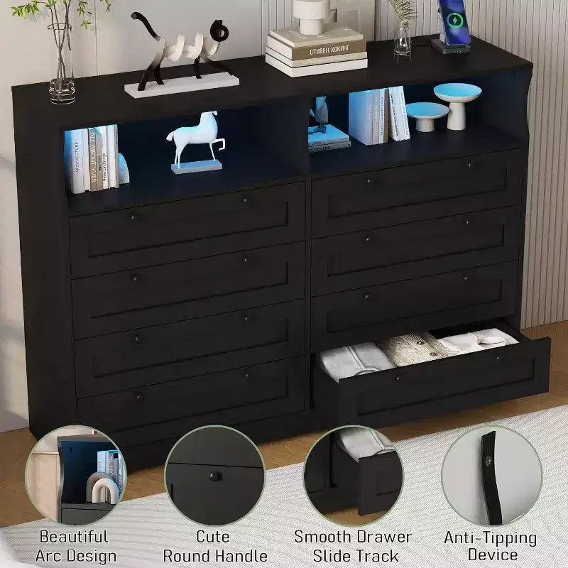 8 Drawer Dresser with Charging Station and LED Lights, Modern Chest of Drawers with Power Outlet, Organizer Cabinet for Bedroom, Living Room