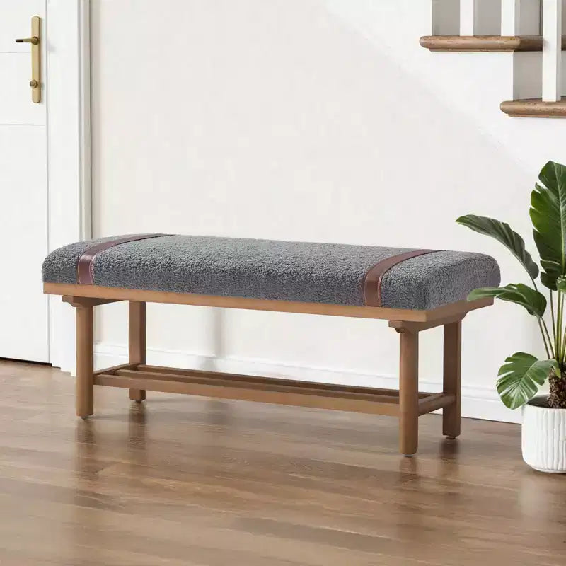 Bekrvio 44-Inch Teddy Fleece Upholstered Bench  Solid Wood Frame,Mid Century Modern Bench with PU Straps for Living Room, Bedroom