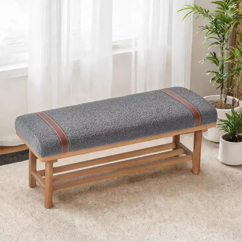 Bekrvio 44-Inch Teddy Fleece Upholstered Bench  Solid Wood Frame,Mid Century Modern Bench with PU Straps for Living Room, Bedroom